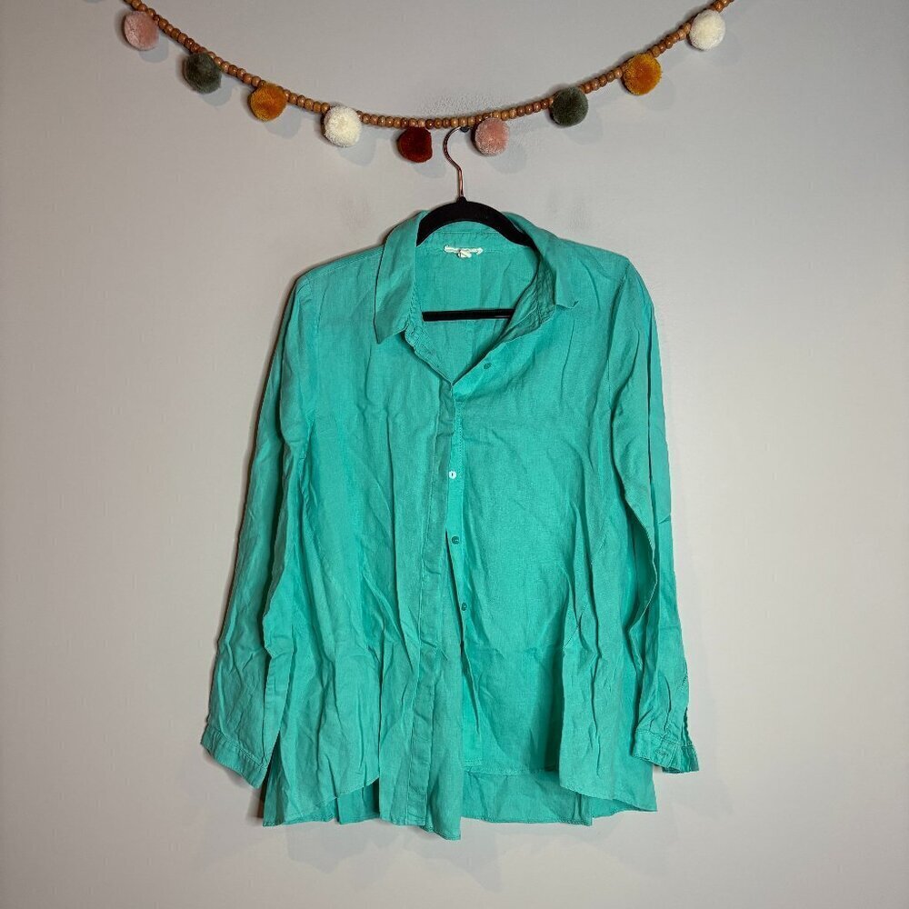 Eileen Fisher teal oversized Organic Irish Linen button down shirt